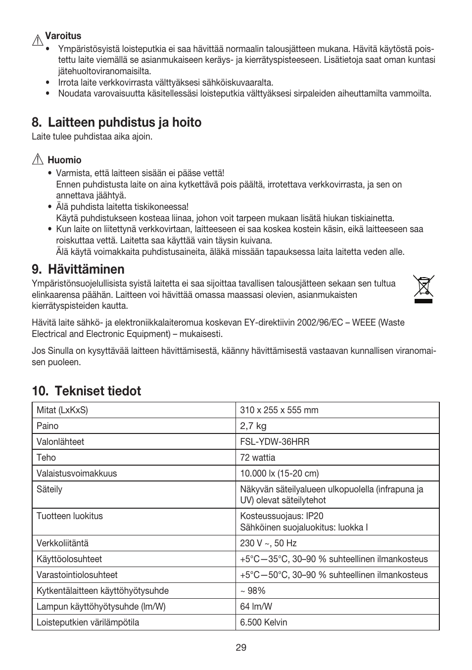 Laitteen puhdistus ja hoito, Hävittäminen, Tekniset tiedot | Beurer TL 80 User Manual | Page 29 / 52