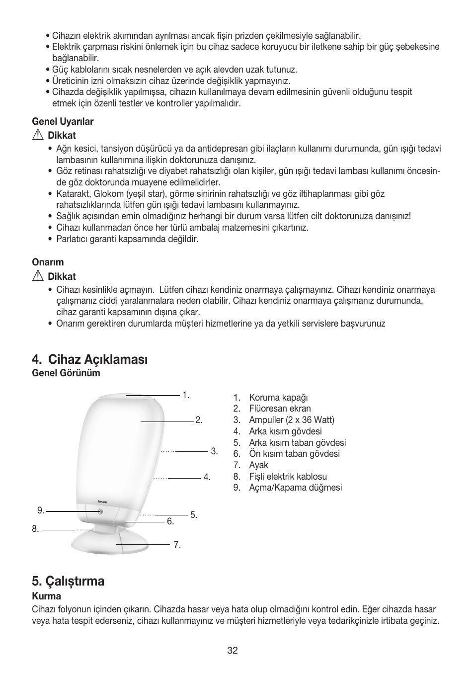 Cihaz açıklaması, Çalıştırma | Beurer TL 80 User Manual | Page 32 / 52