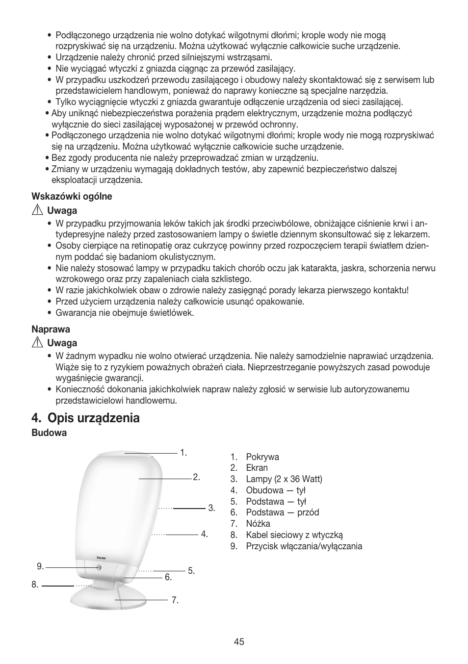 Opis urządzenia | Beurer TL 80 User Manual | Page 45 / 52