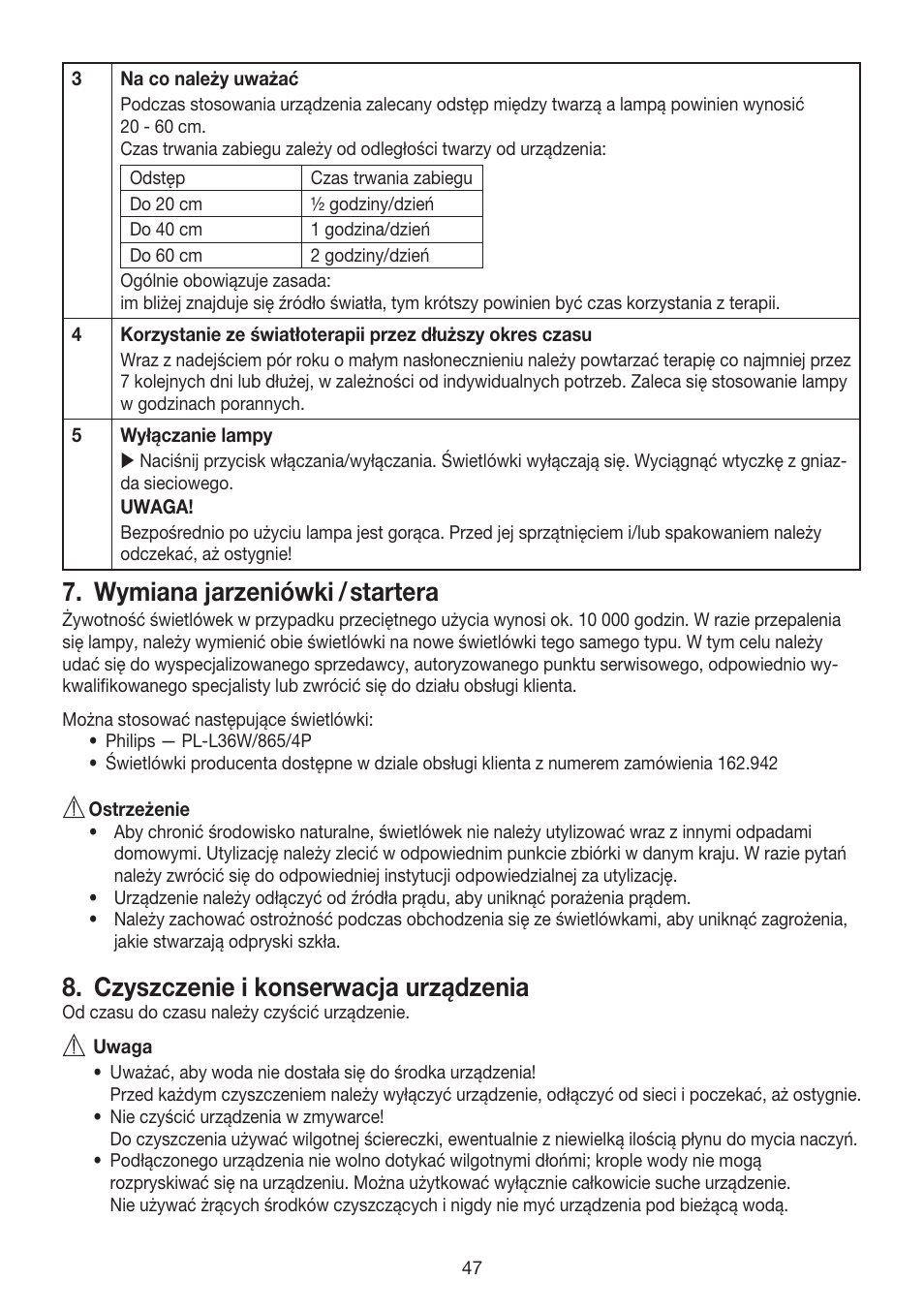 Wymiana jarzeniówki /startera, Czyszczenie i konserwacja urządzenia | Beurer TL 80 User Manual | Page 47 / 52