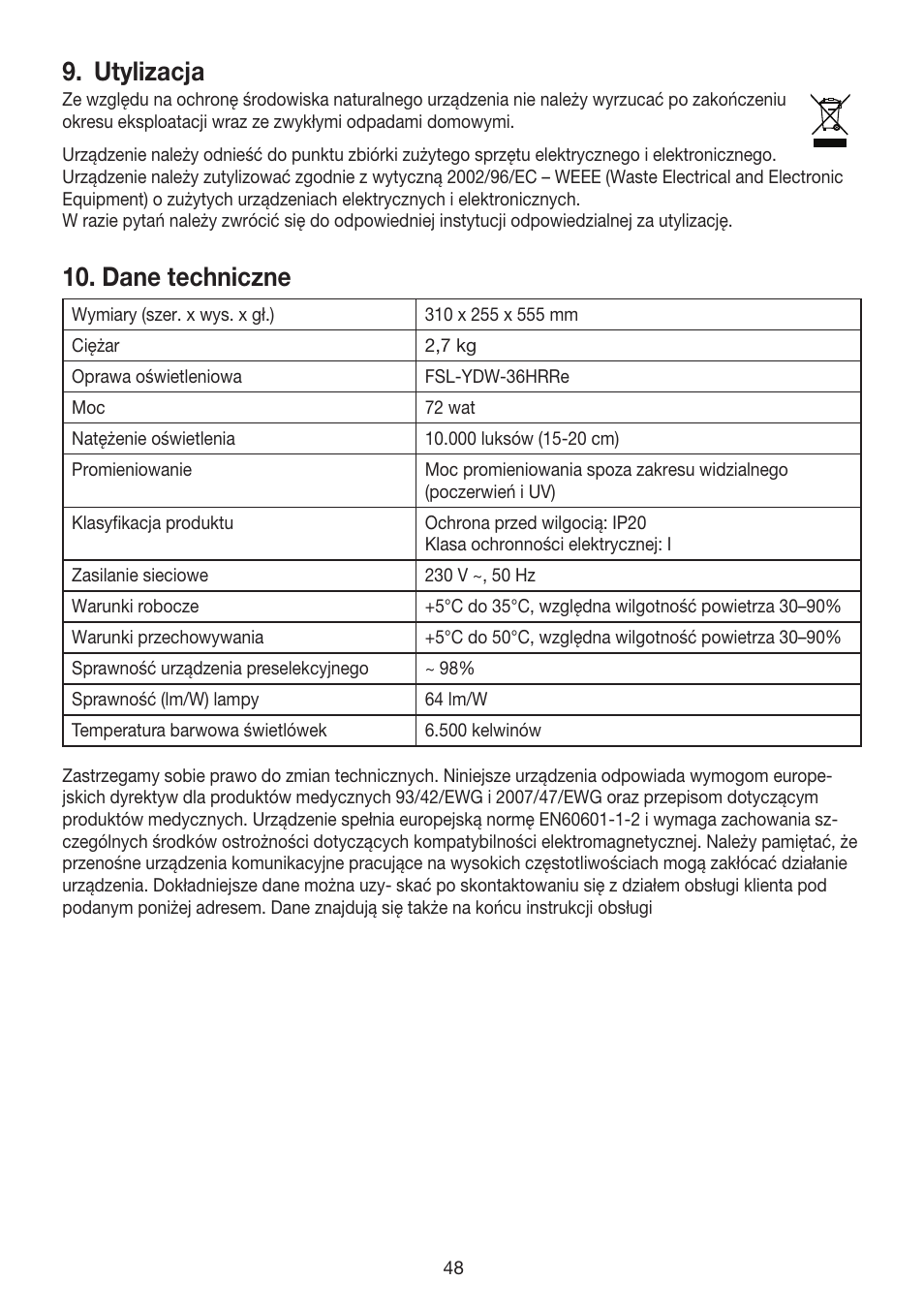 Utylizacja, Dane techniczne | Beurer TL 80 User Manual | Page 48 / 52