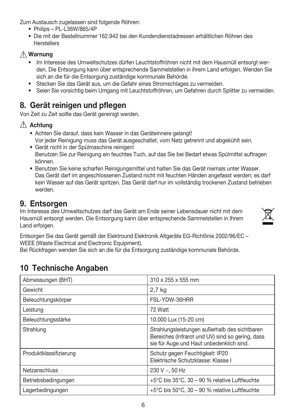 Gerät reinigen und pflegen, Entsorgen, 10 technische angaben | Beurer TL 80 User Manual | Page 6 / 52