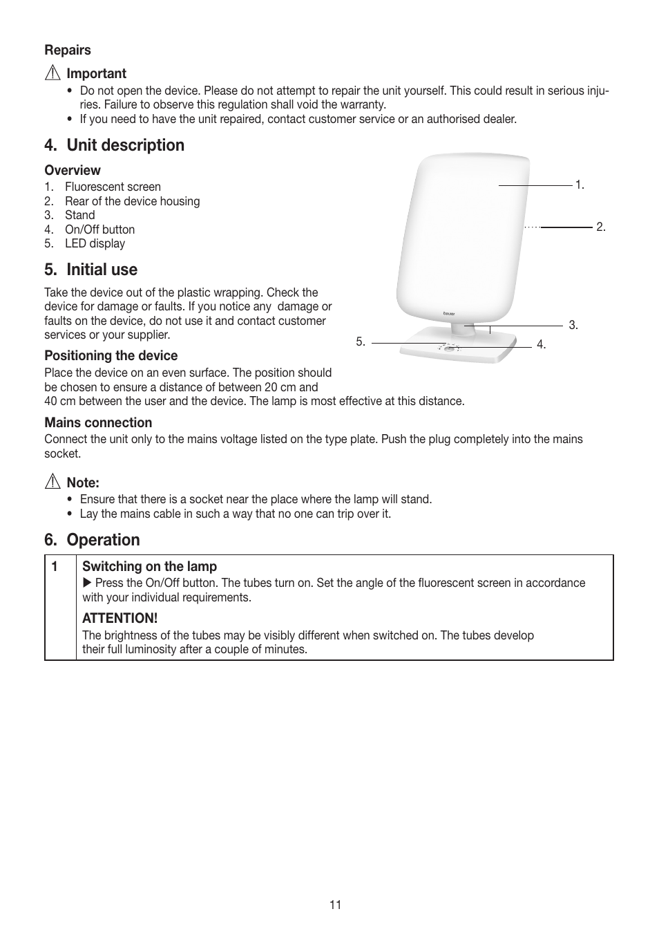 Unit description, Initial use, Operation | Beurer TL 90 User Manual | Page 11 / 68