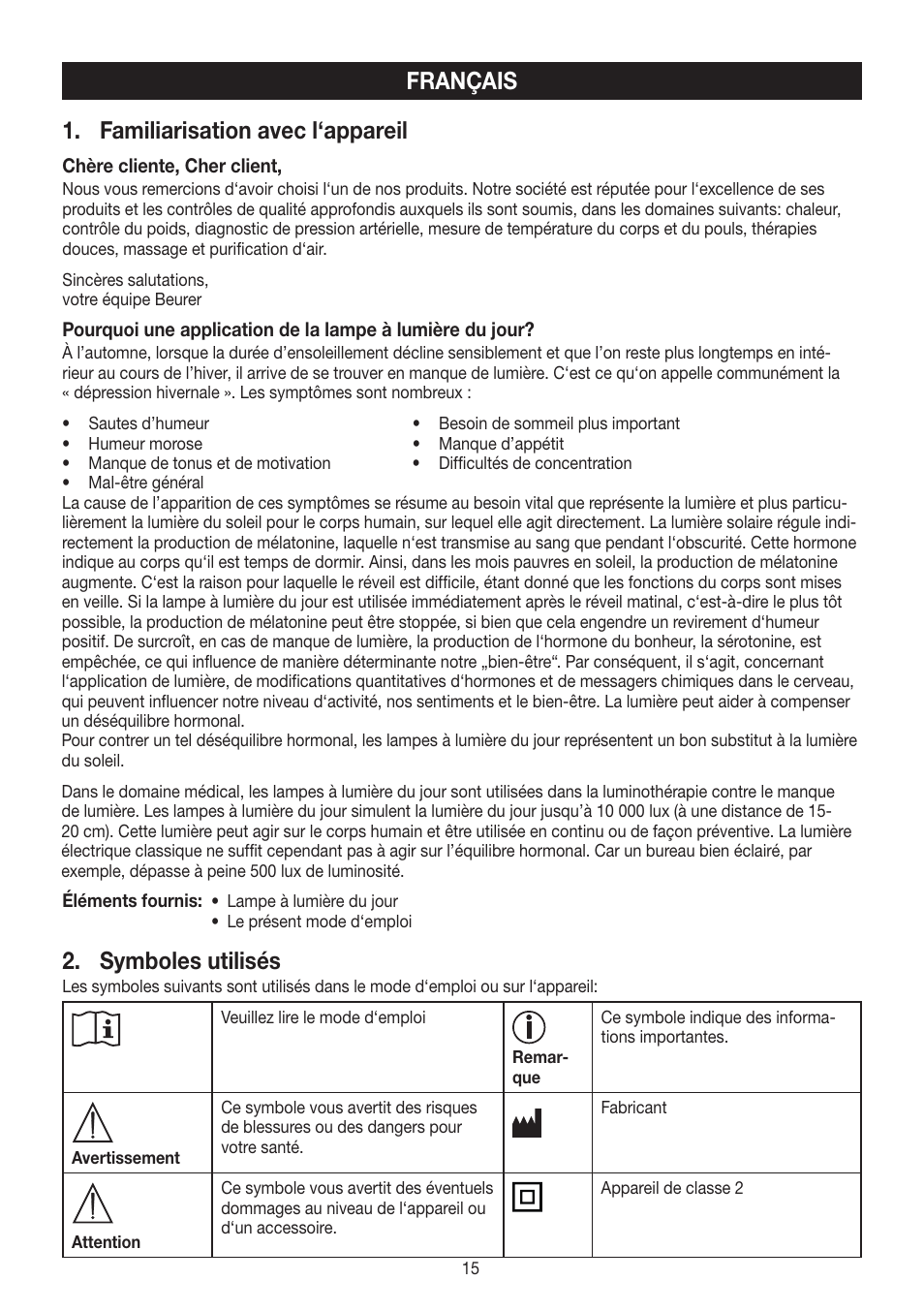 Français 1. familiarisation avec l‘appareil, Symboles utilisés | Beurer TL 90 User Manual | Page 15 / 68