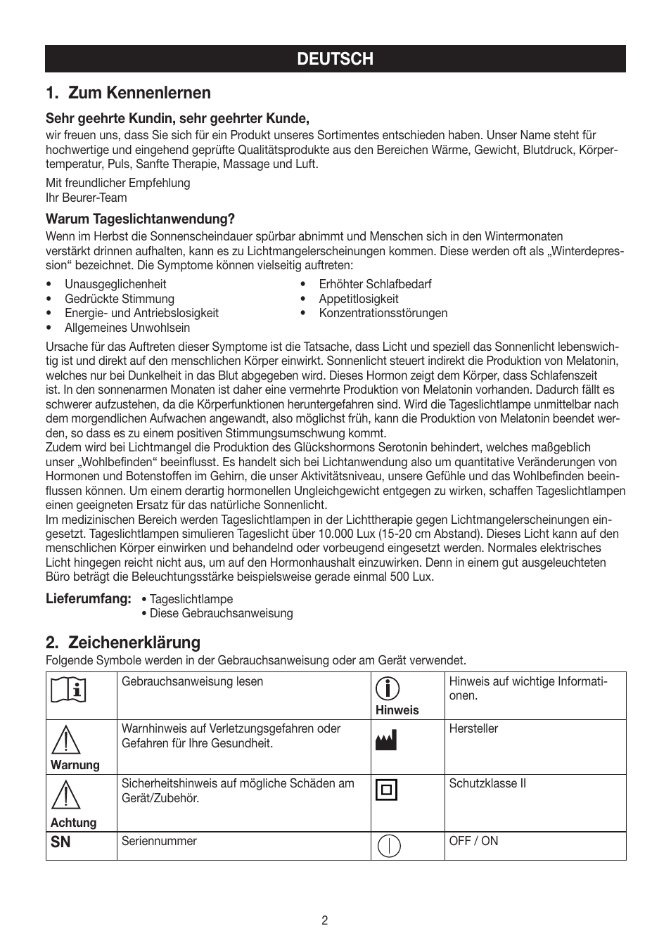 Deutsch 1. zum kennenlernen, Zeichenerklärung | Beurer TL 90 User Manual | Page 2 / 68