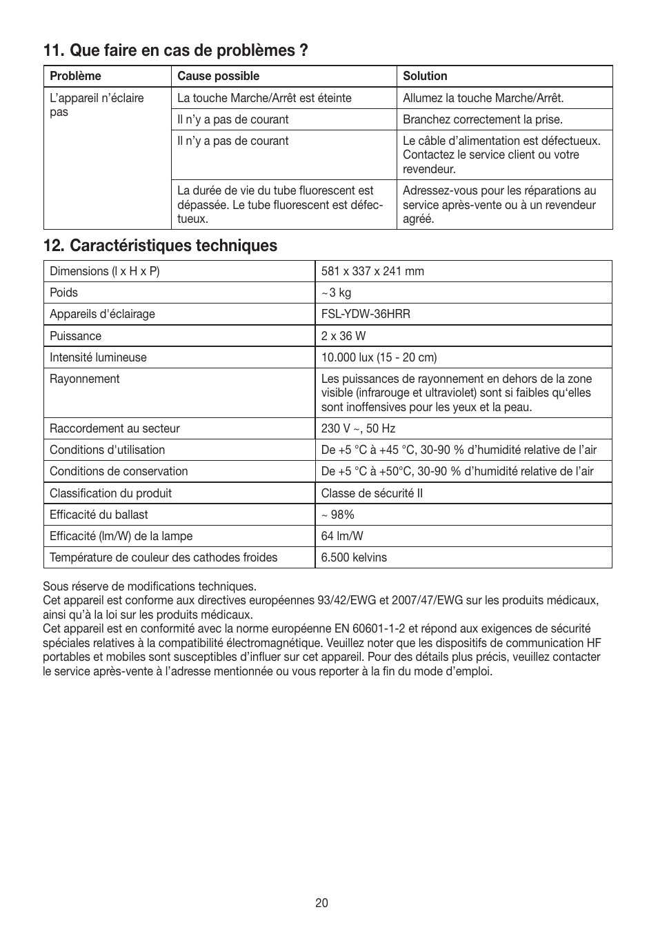 Que faire en cas de problèmes, Caractéristiques techniques | Beurer TL 90 User Manual | Page 20 / 68