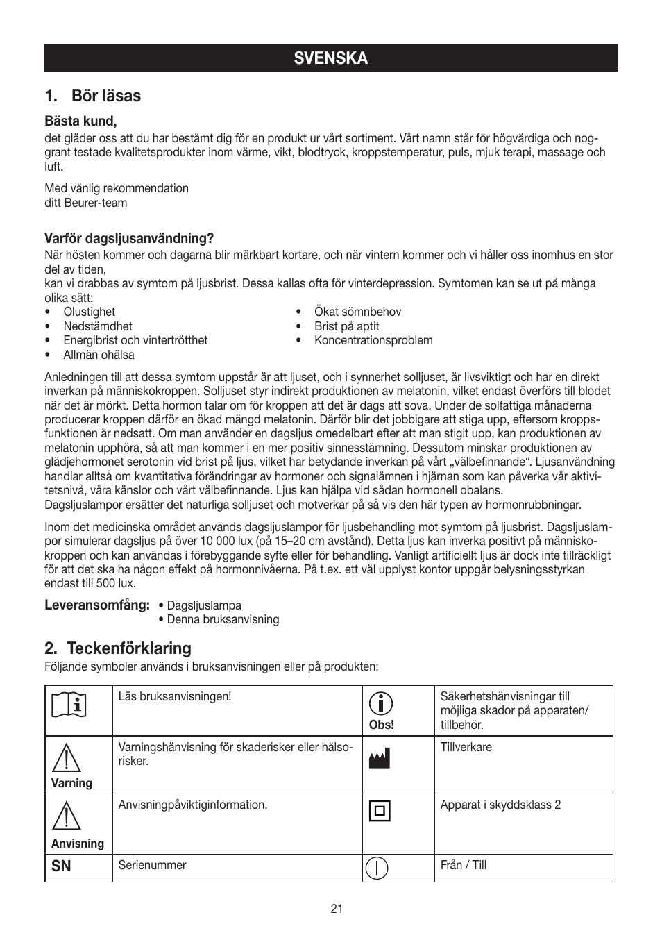 Bör läsas, Teckenförklaring, Svenska | Beurer TL 90 User Manual | Page 21 / 68