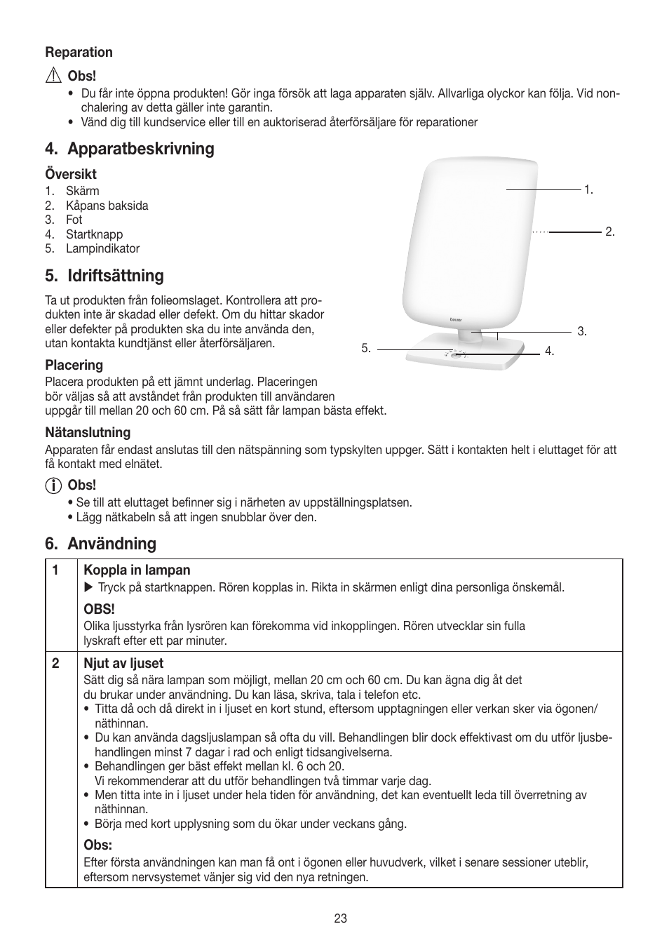 Apparatbeskrivning, Idriftsättning, Användning | Beurer TL 90 User Manual | Page 23 / 68