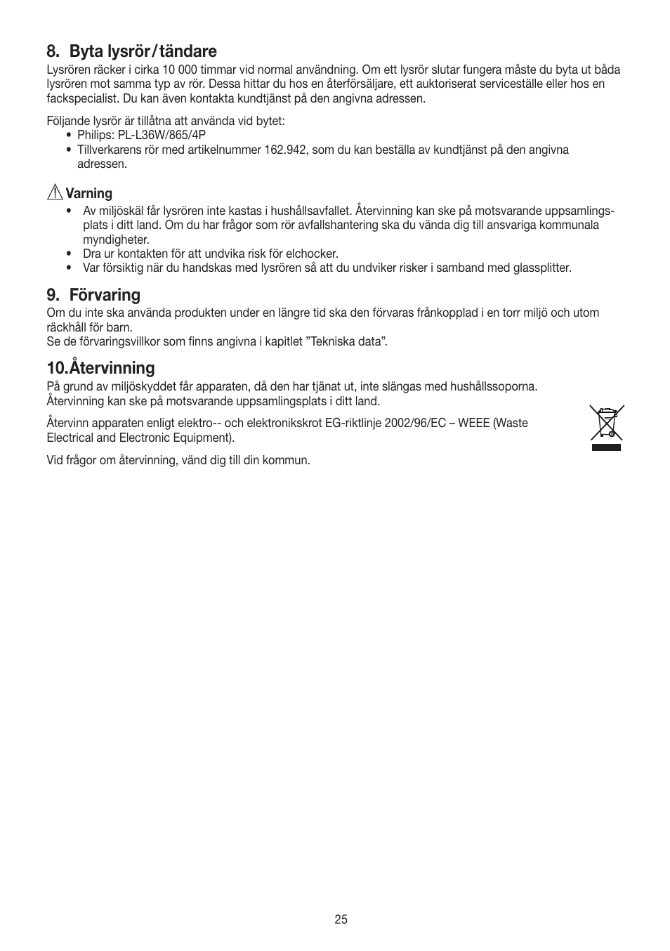 Byta lysrör/tändare, Förvaring, Återvinning | Beurer TL 90 User Manual | Page 25 / 68