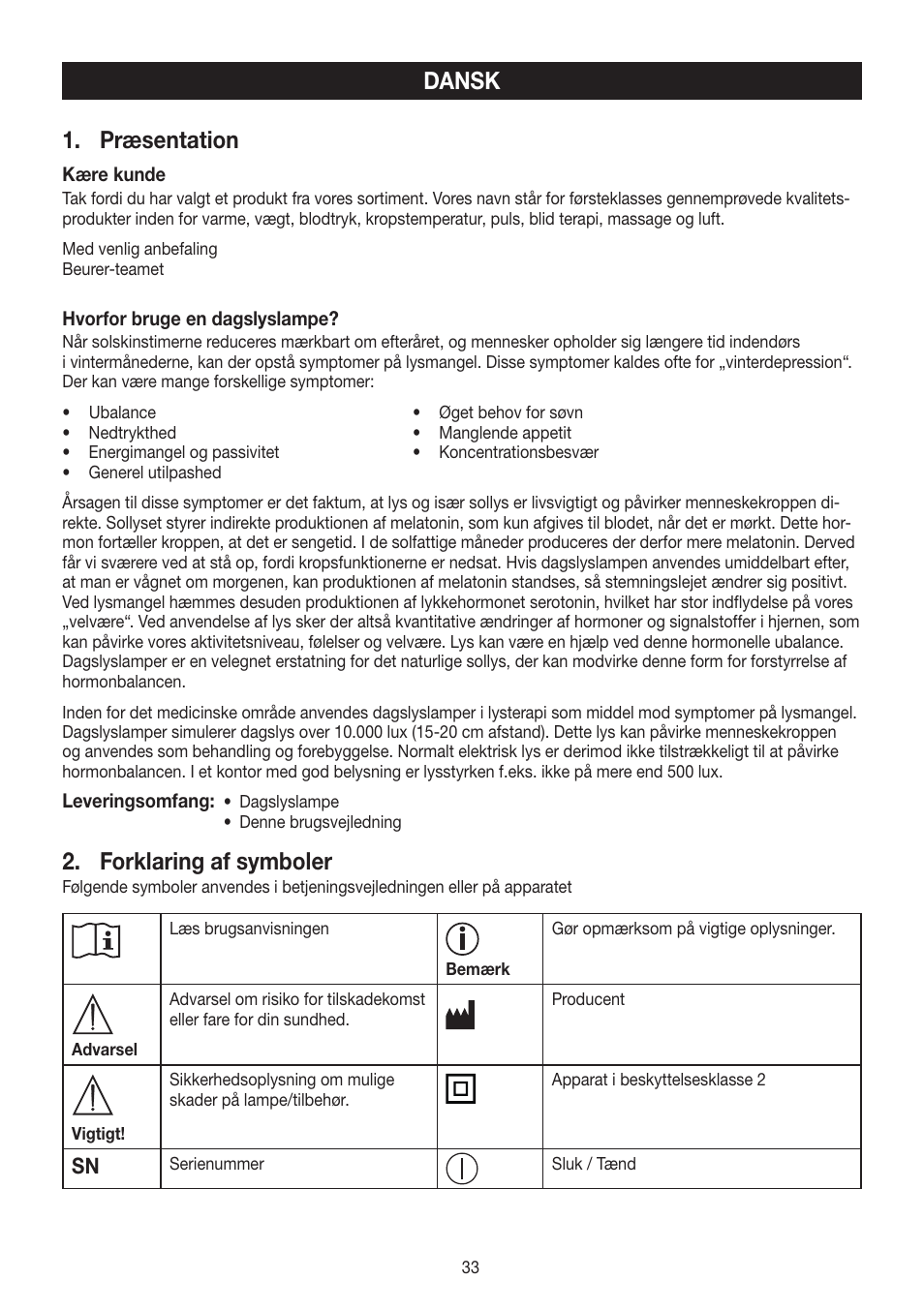 Dansk 1. præsentation, Forklaring af symboler | Beurer TL 90 User Manual | Page 33 / 68