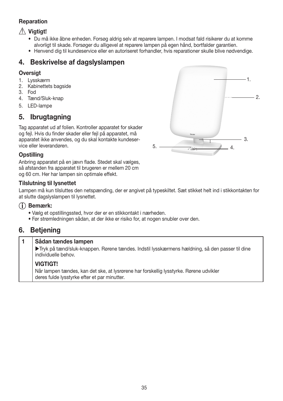 Beskrivelse af dagslyslampen, Ibrugtagning, Betjening | Beurer TL 90 User Manual | Page 35 / 68