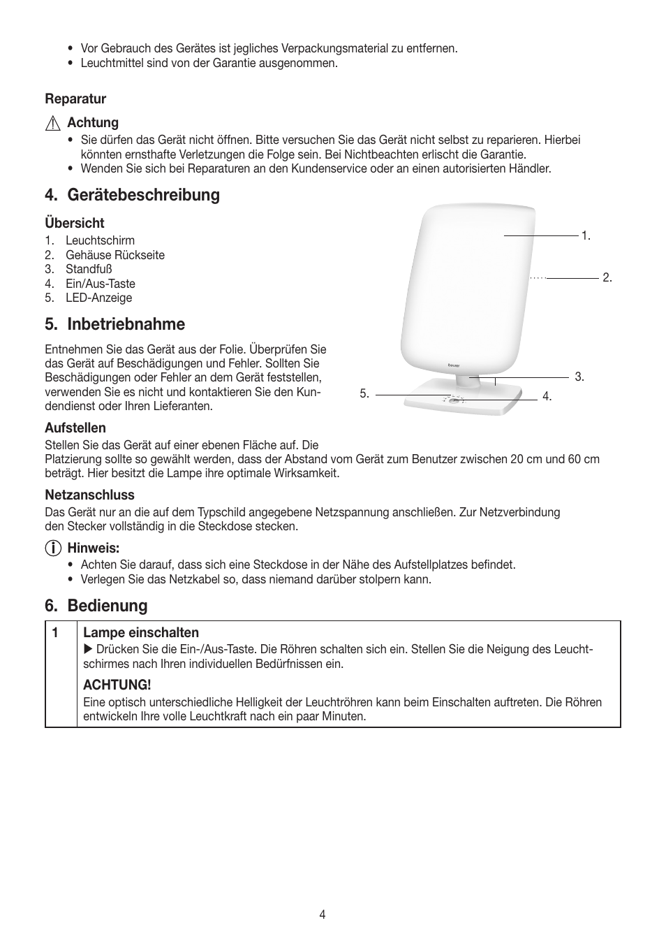 Gerätebeschreibung, Inbetriebnahme, Bedienung | Beurer TL 90 User Manual | Page 4 / 68