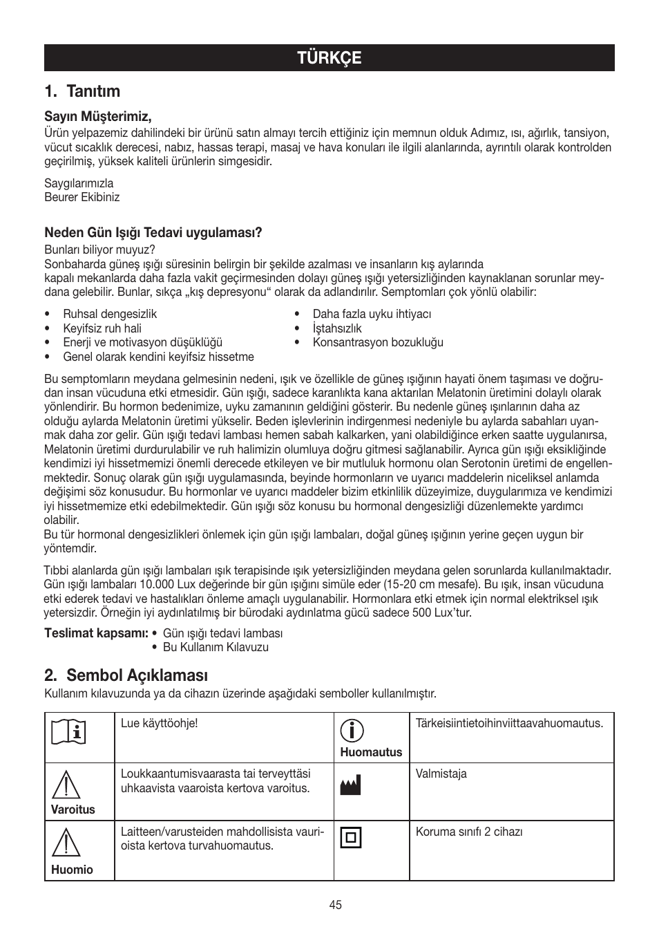 Türkçe 1. tanıtım, Sembol açıklaması | Beurer TL 90 User Manual | Page 45 / 68