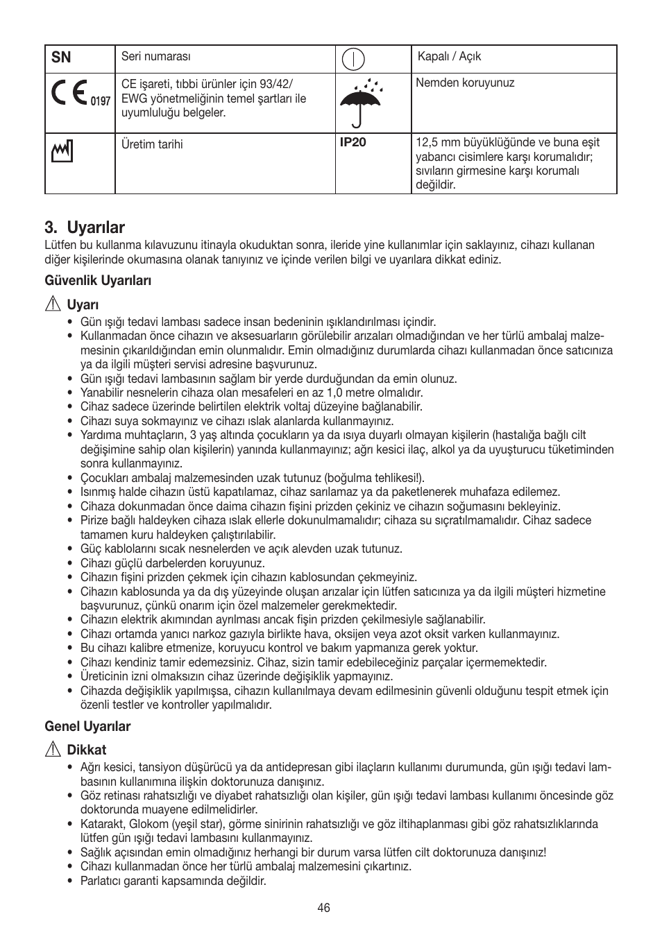 Uyarılar | Beurer TL 90 User Manual | Page 46 / 68