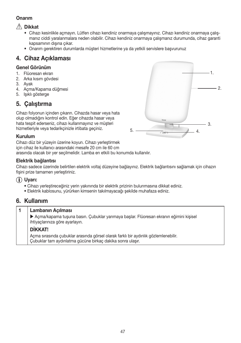 Cihaz açıklaması, Çalıştırma, Kullanım | Beurer TL 90 User Manual | Page 47 / 68