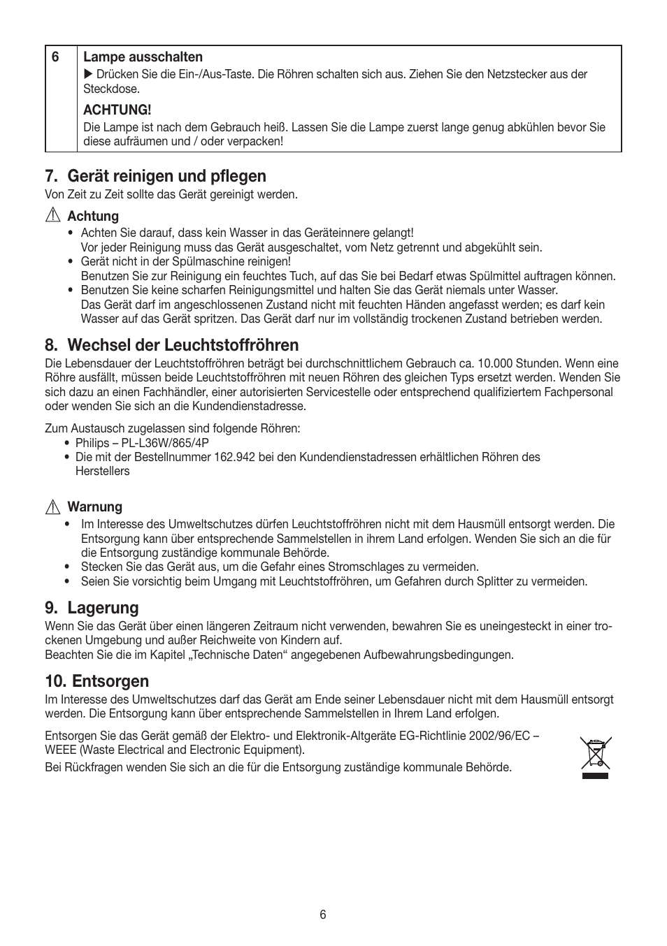 Gerät reinigen und pflegen, Wechsel der leuchtstoffröhren, Lagerung | Entsorgen | Beurer TL 90 User Manual | Page 6 / 68