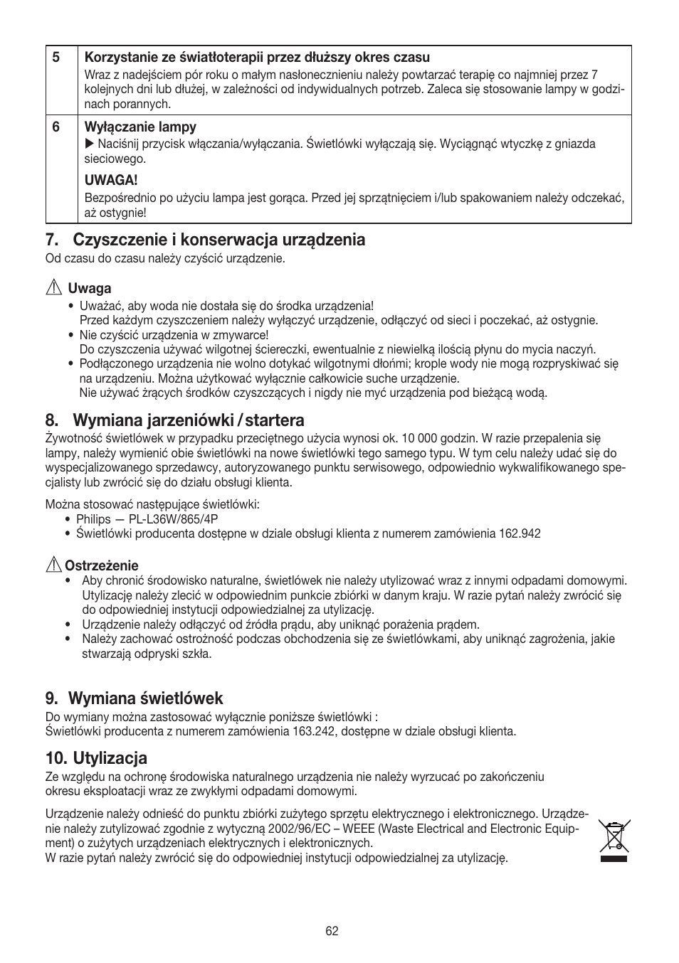 Czyszczenie i konserwacja urządzenia, Wymiana jarzeniówki /startera, Wymiana świetlówek | Utylizacja | Beurer TL 90 User Manual | Page 62 / 68