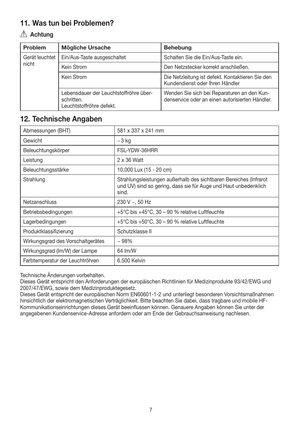 Was tun bei problemen, Technische angaben | Beurer TL 90 User Manual | Page 7 / 68