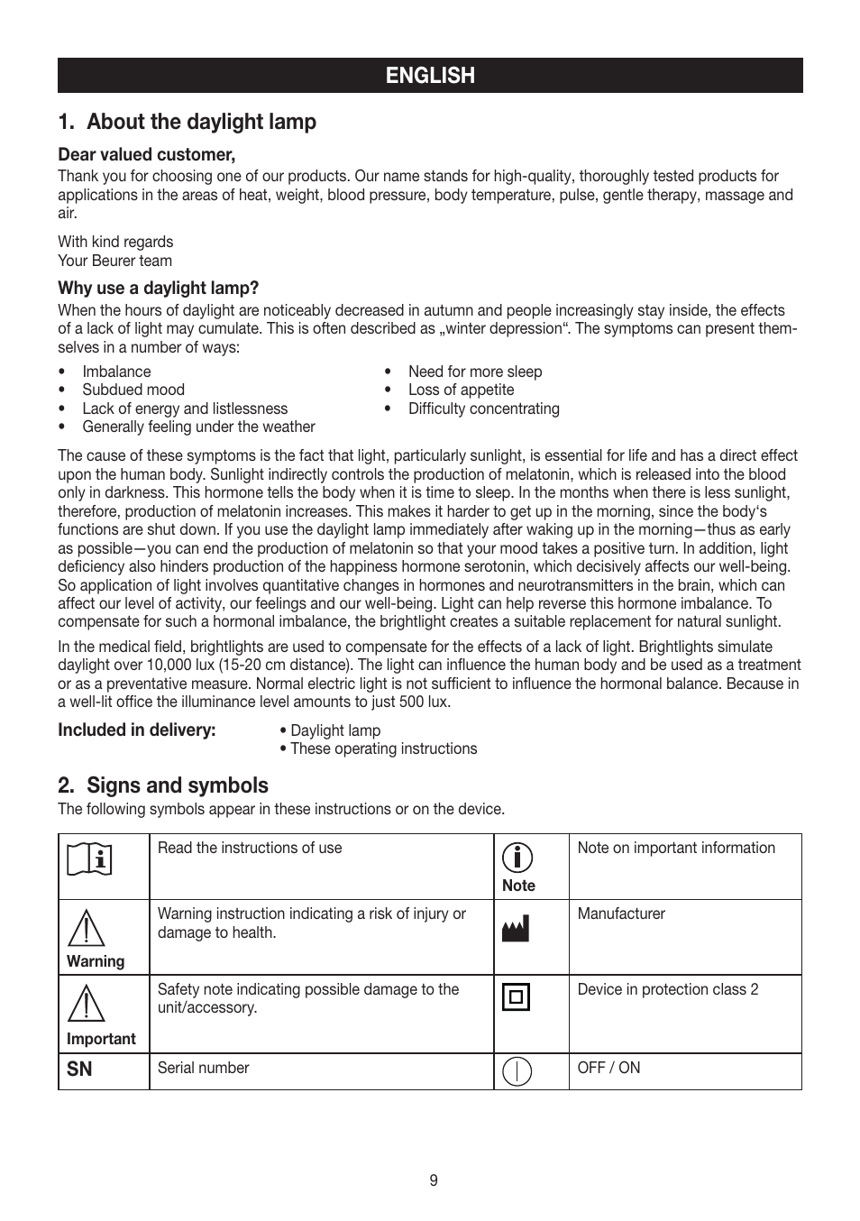 English 1. about the daylight lamp, Signs and symbols | Beurer TL 90 User Manual | Page 9 / 68
