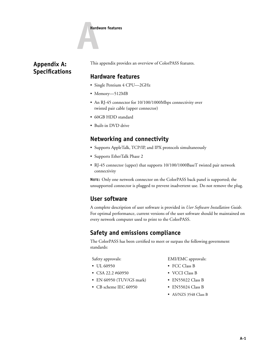 Appendix a: specifications, Hardware features, Networking and connectivity | User software, Safety and emissions compliance, Ppendix a, “specifications | Canon COLORPASS-Z6000 PS-NX6000 User Manual | Page 133 / 144
