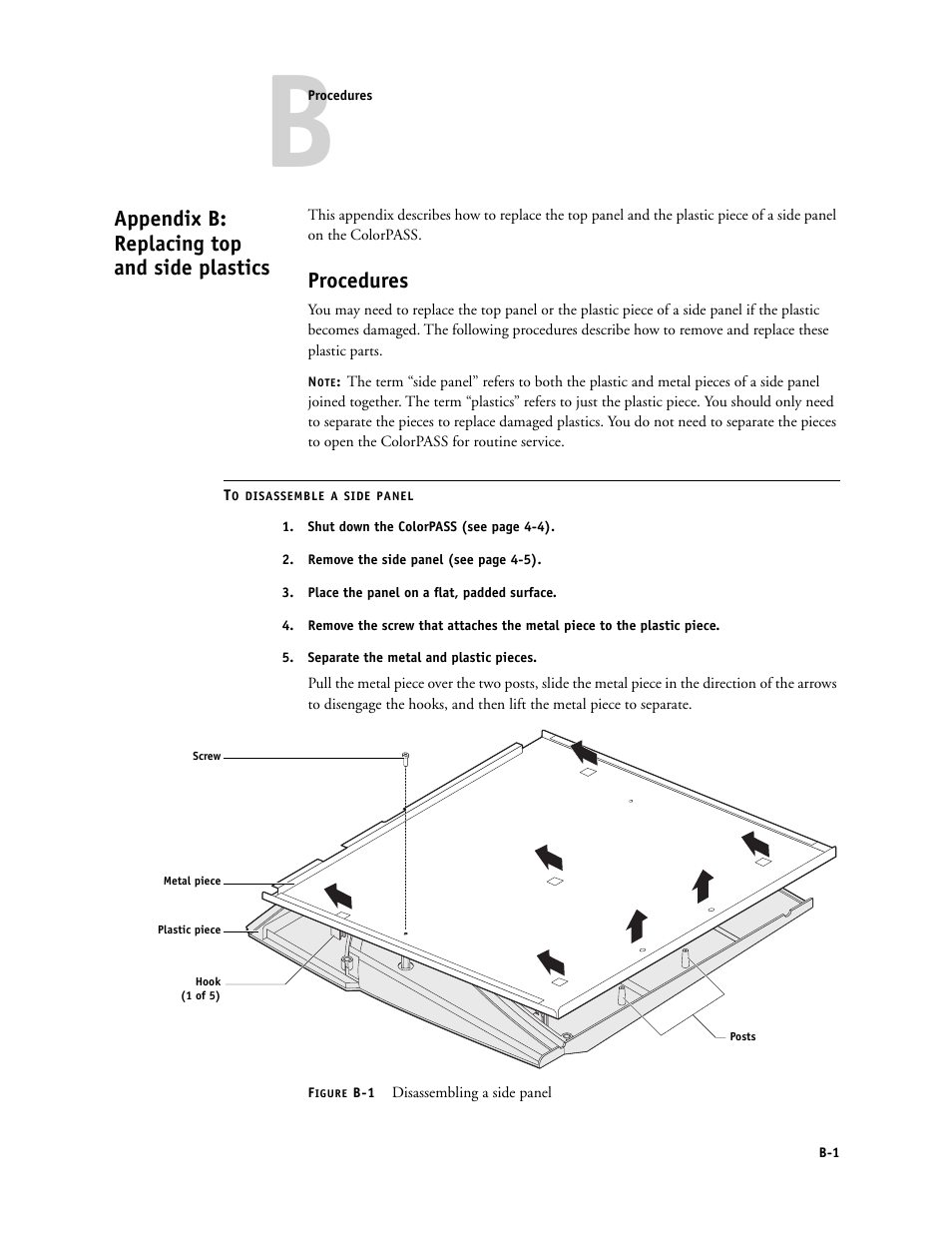 Appendix b: replacing top and side plastics, Procedures, Ppendix b, “replacing top and side plastics | Es in appendix b, “replacing top and side plastics | Canon COLORPASS-Z6000 PS-NX6000 User Manual | Page 135 / 144