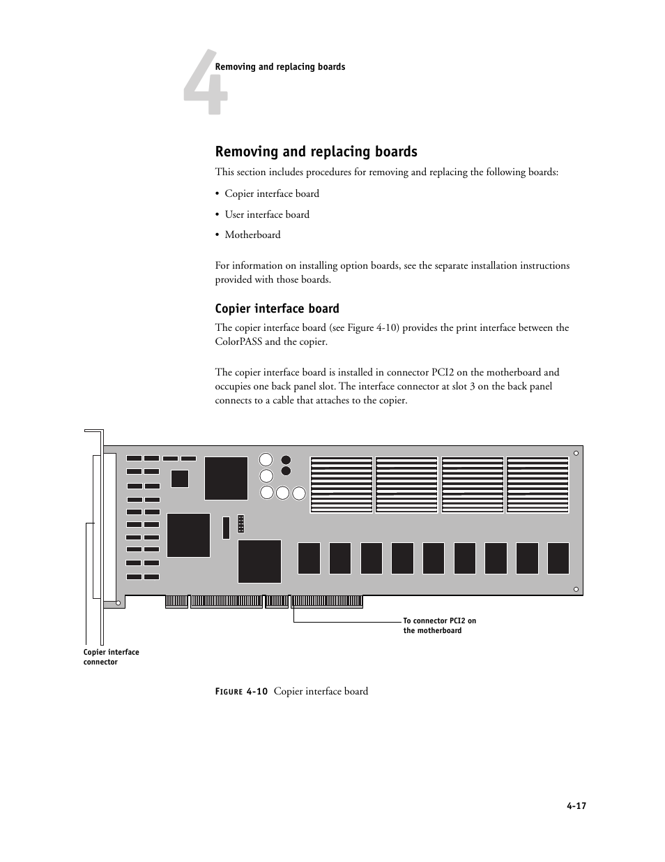 Removing and replacing boards, Copier interface board | Canon COLORPASS-Z6000 PS-NX6000 User Manual | Page 63 / 144