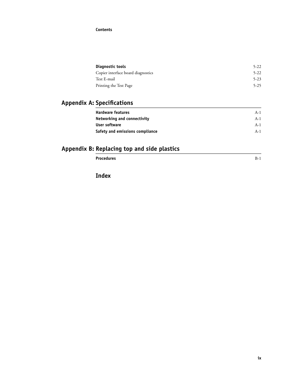 Appendix a: specifications, Appendix b: replacing top and side plastics, Index | Canon COLORPASS-Z6000 PS-NX6000 User Manual | Page 9 / 144