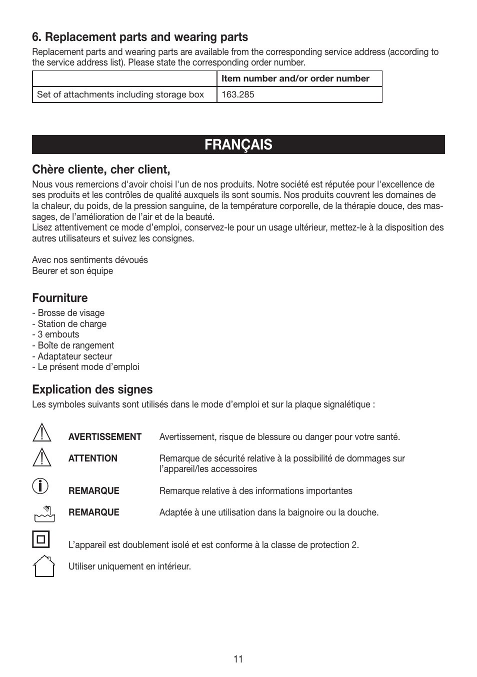 Français, Chère cliente, cher client, Fourniture | Explication des signes, Replacement parts and wearing parts | Beurer FCE 60 User Manual | Page 11 / 54