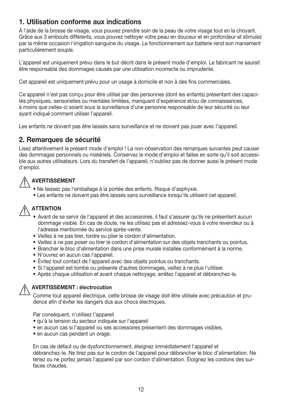Utilisation conforme aux indications, Remarques de sécurité | Beurer FCE 60 User Manual | Page 12 / 54