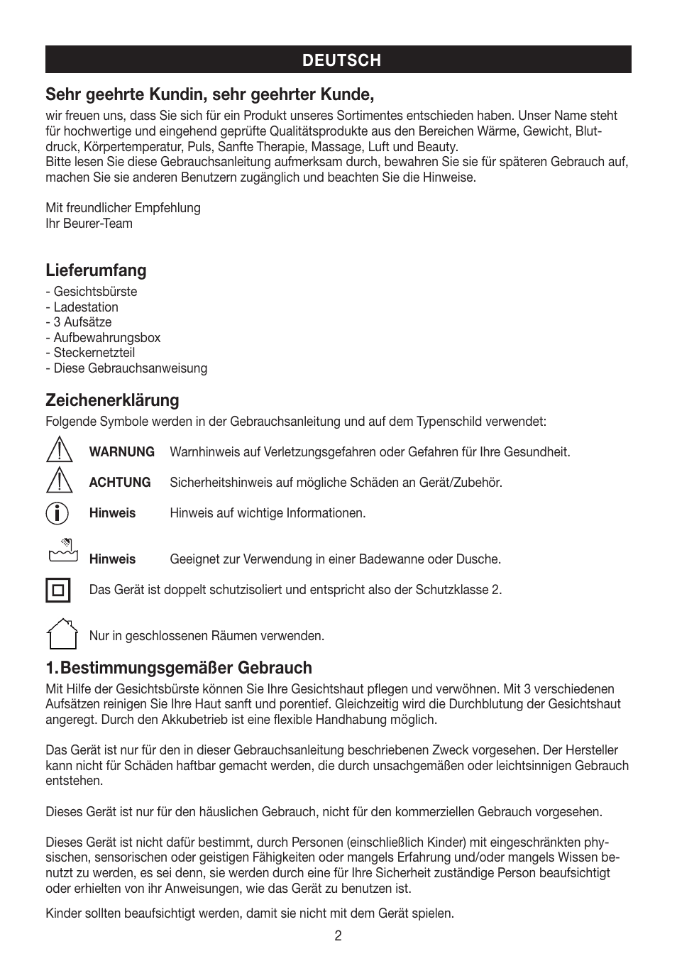 Sehr geehrte kundin, sehr geehrter kunde, Lieferumfang, Zeichenerklärung | Bestimmungsgemäßer gebrauch | Beurer FCE 60 User Manual | Page 2 / 54