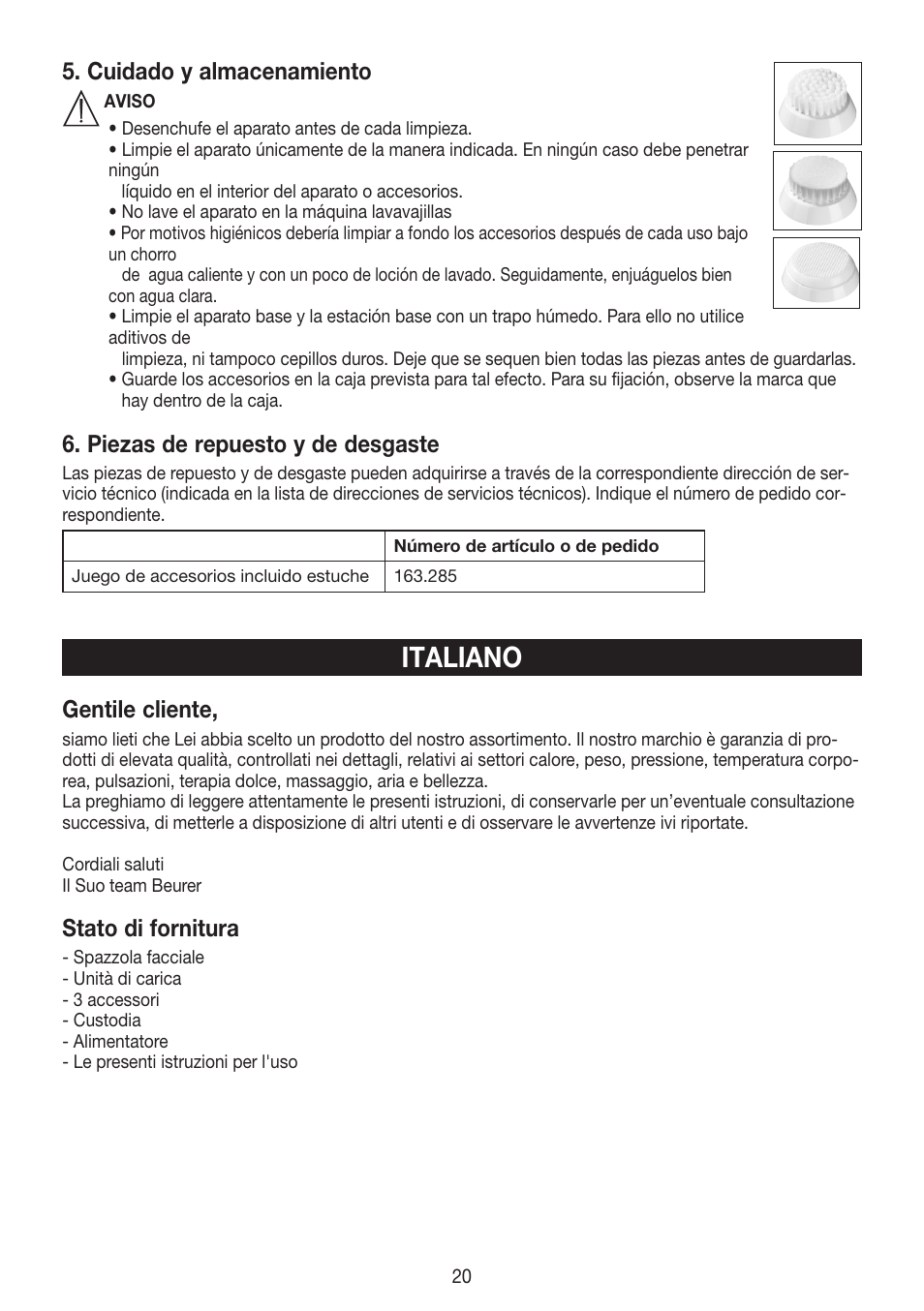Italiano, Cuidado y almacenamiento, Piezas de repuesto y de desgaste | Gentile cliente, Stato di fornitura | Beurer FCE 60 User Manual | Page 20 / 54