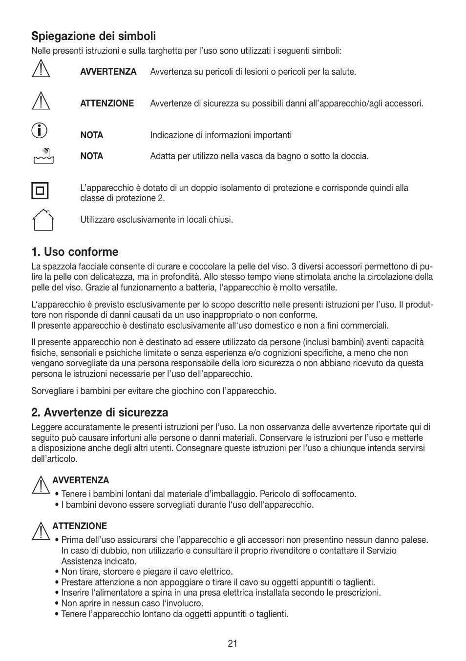 Spiegazione dei simboli, Uso conforme, Avvertenze di sicurezza | Beurer FCE 60 User Manual | Page 21 / 54