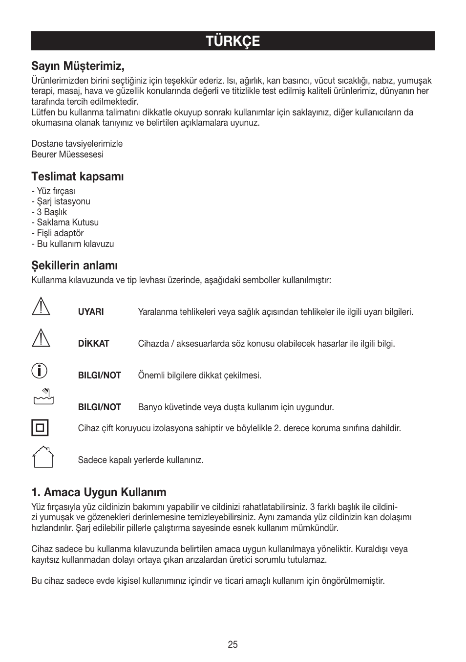 Türkçe, Sayın müşterimiz, Teslimat kapsamı | Şekillerin anlamı, Amaca uygun kullanım | Beurer FCE 60 User Manual | Page 25 / 54