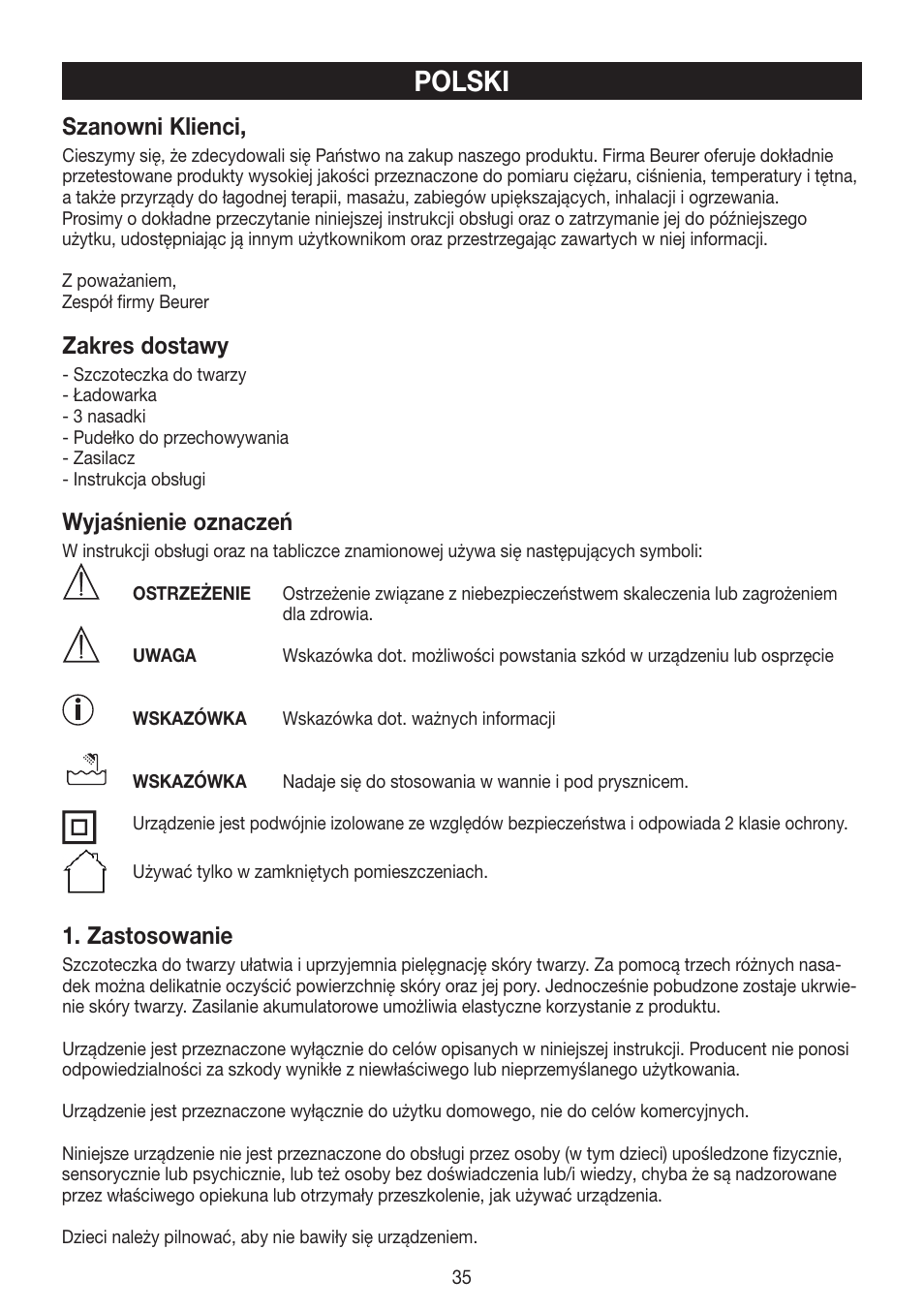 Polski, Szanowni klienci, Zakres dostawy | Wyjaśnienie oznaczeń, Zastosowanie | Beurer FCE 60 User Manual | Page 35 / 54