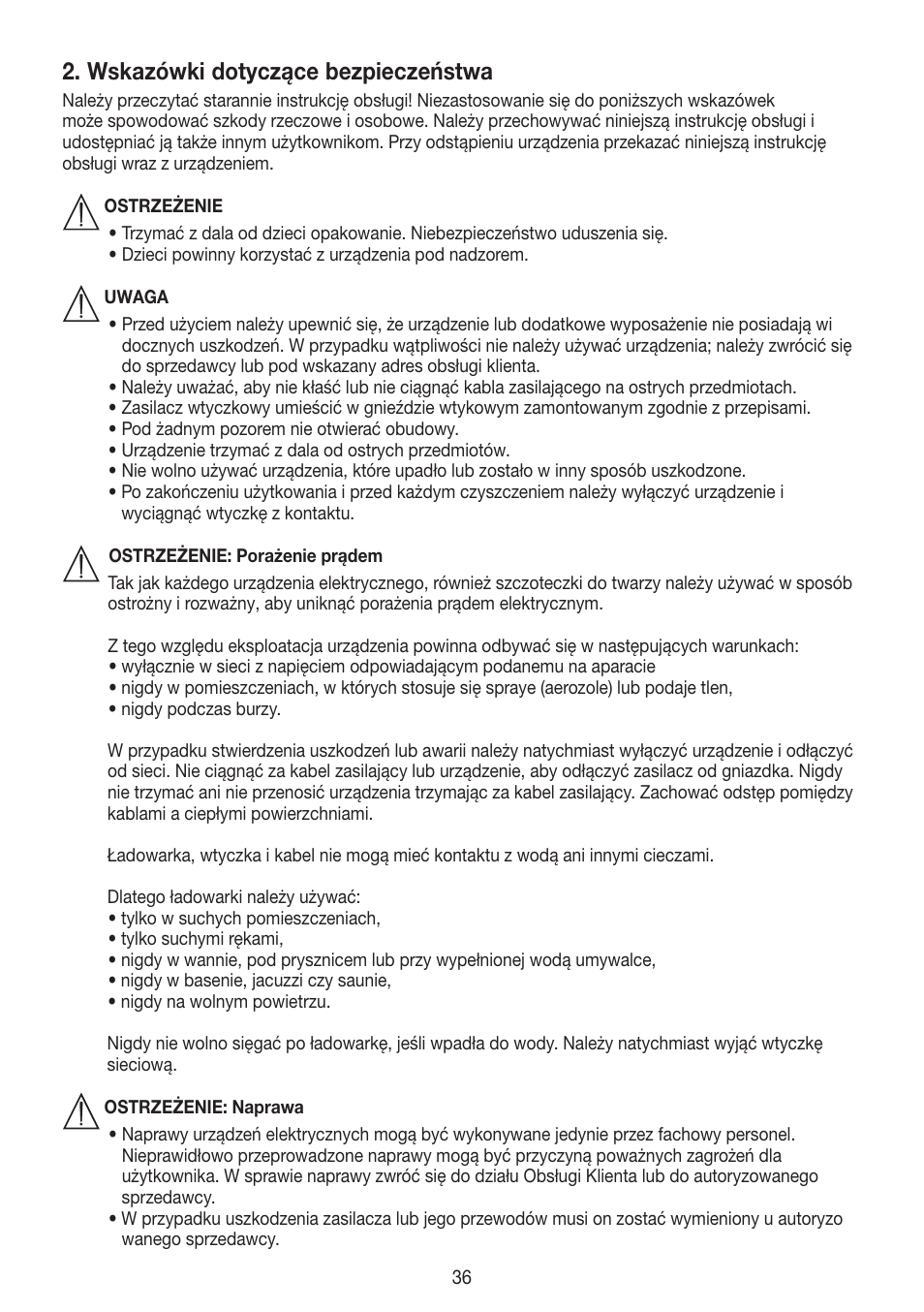Wskazówki dotyczące bezpieczeństwa | Beurer FCE 60 User Manual | Page 36 / 54