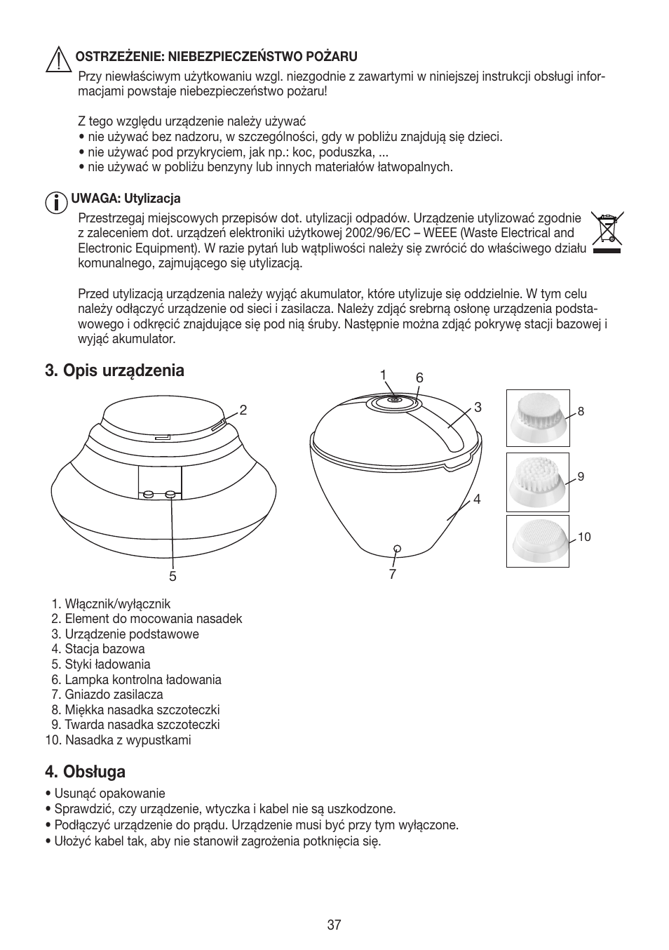 Opis urządzenia, Obsługa | Beurer FCE 60 User Manual | Page 37 / 54