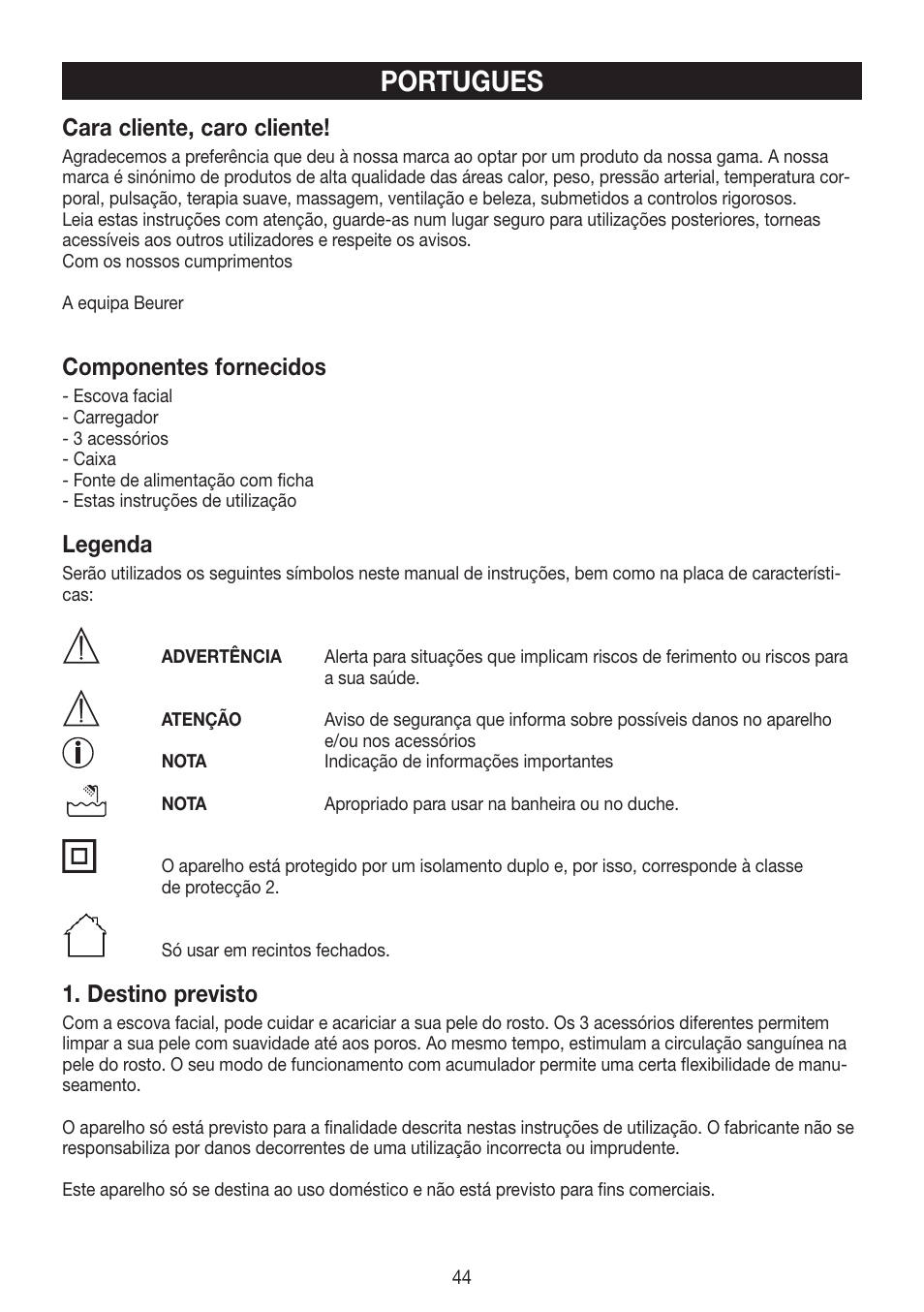 Portugues, Cara cliente, caro cliente, Componentes fornecidos | Legenda, Destino previsto | Beurer FCE 60 User Manual | Page 44 / 54