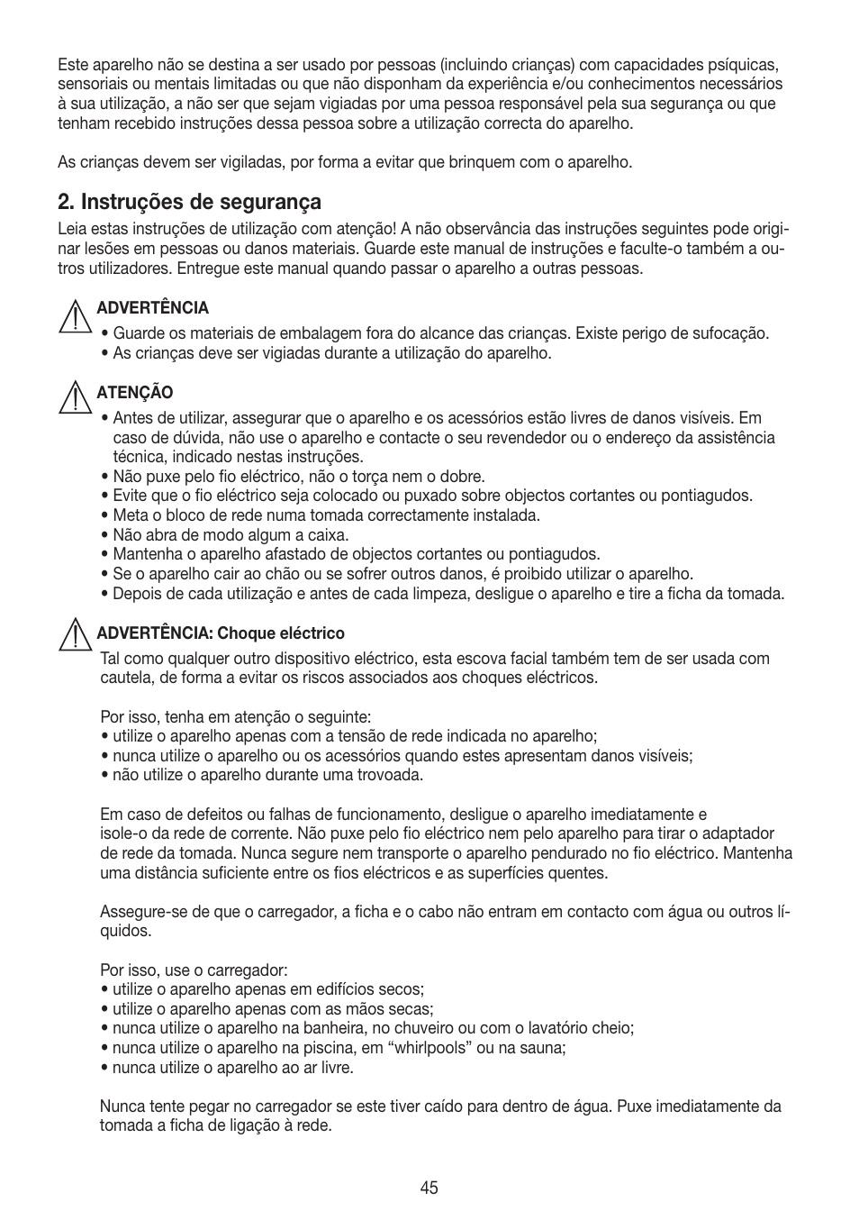 Instruções de segurança | Beurer FCE 60 User Manual | Page 45 / 54