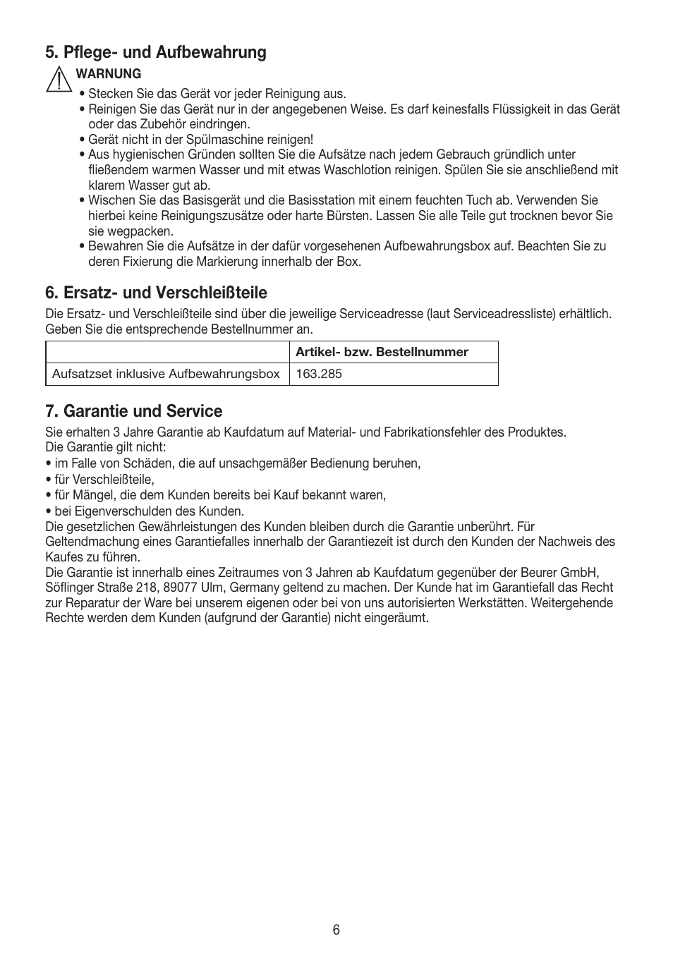Pflege- und aufbewahrung, Ersatz- und verschleißteile, Garantie und service | Beurer FCE 60 User Manual | Page 6 / 54