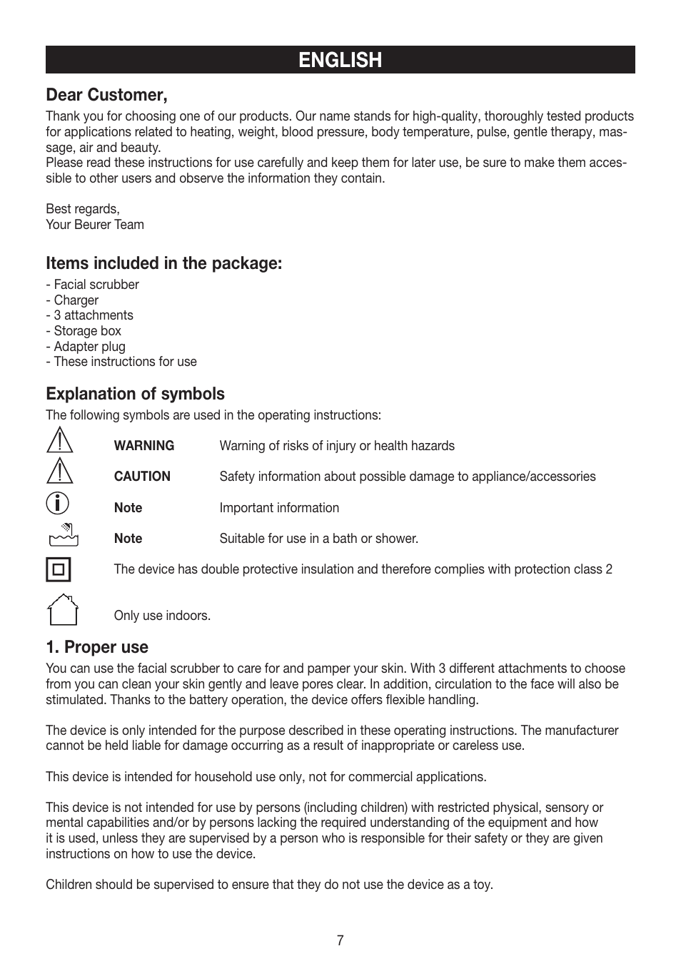 English, Dear customer, Items included in the package | Explanation of symbols, Proper use | Beurer FCE 60 User Manual | Page 7 / 54