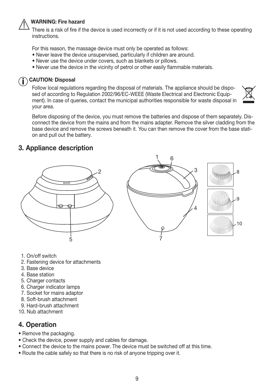 Appliance description, Operation | Beurer FCE 60 User Manual | Page 9 / 54