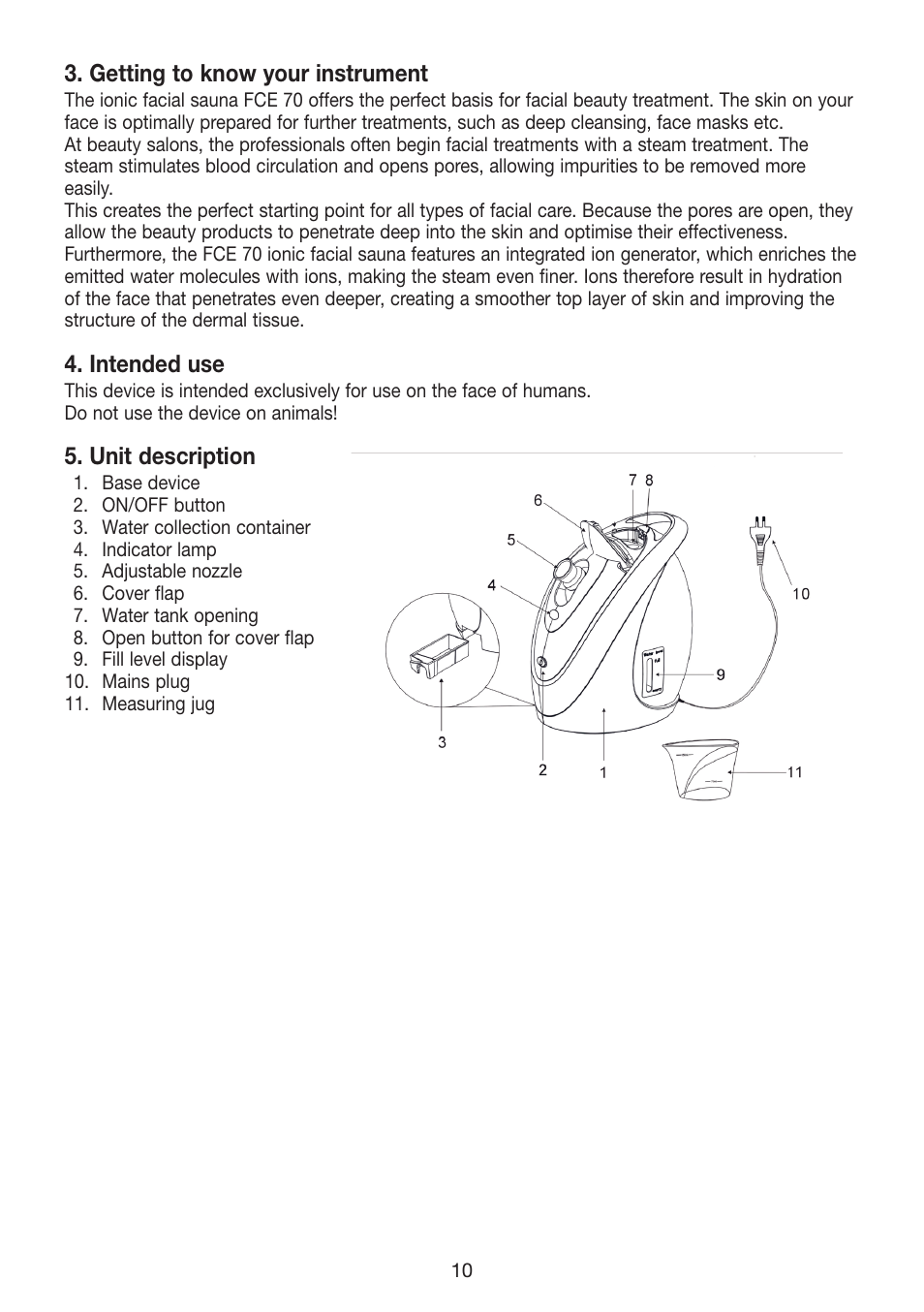 Getting to know your instrument, Intended use, Unit description | Beurer FCE 70 User Manual | Page 10 / 68