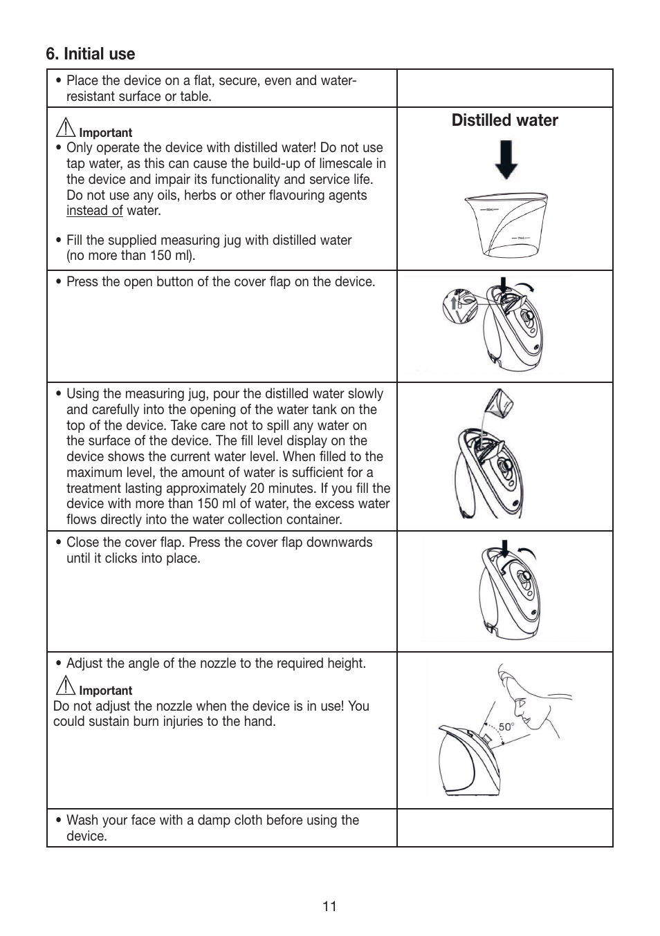 Initial use, Distilled water | Beurer FCE 70 User Manual | Page 11 / 68