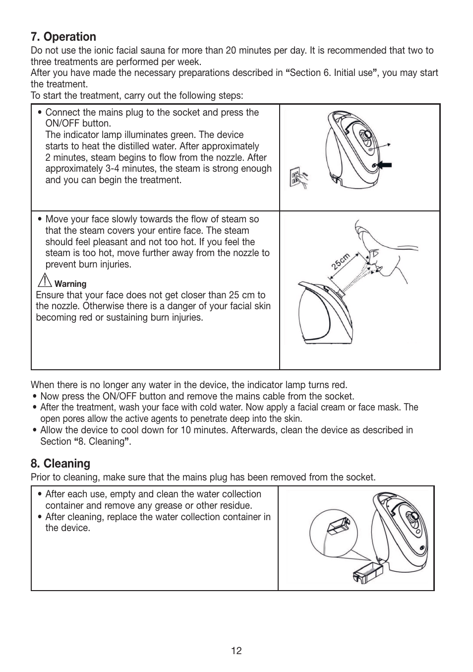 Operation, Cleaning | Beurer FCE 70 User Manual | Page 12 / 68