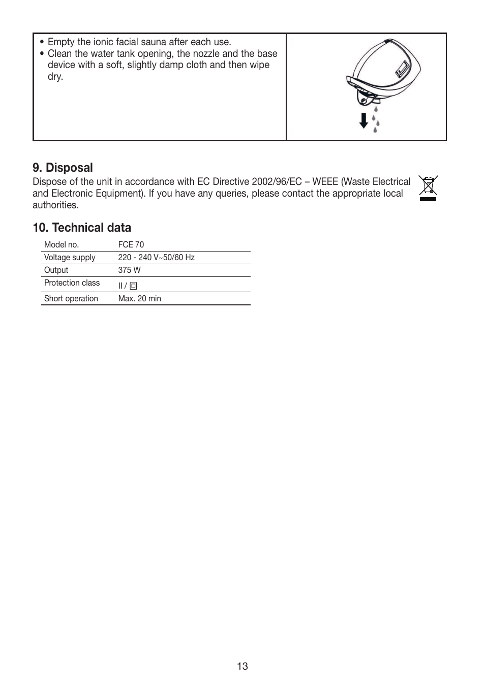 Disposal, Technical data | Beurer FCE 70 User Manual | Page 13 / 68