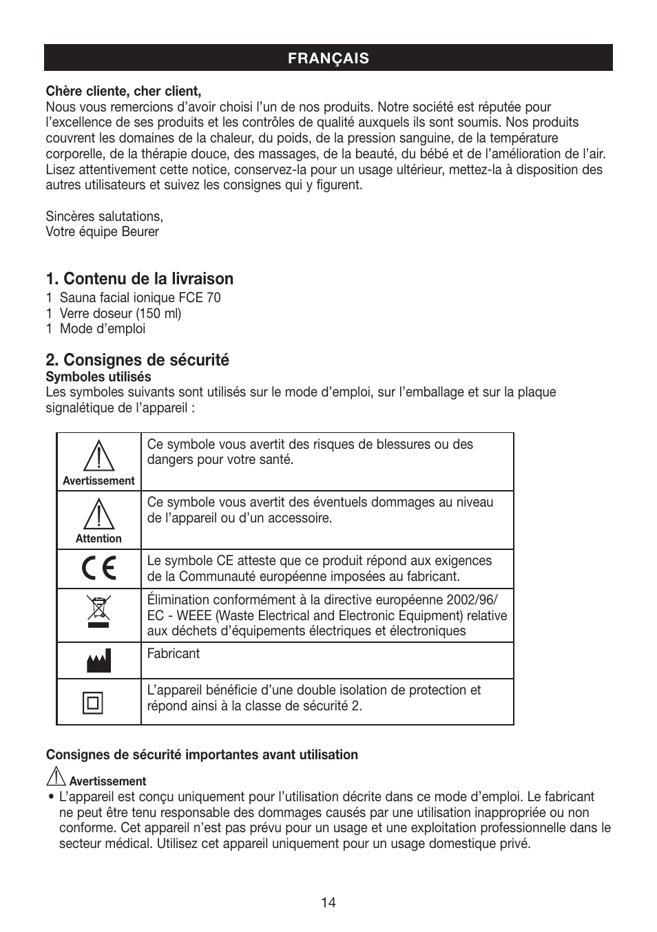 Contenu de la livraison, Consignes de sécurité | Beurer FCE 70 User Manual | Page 14 / 68