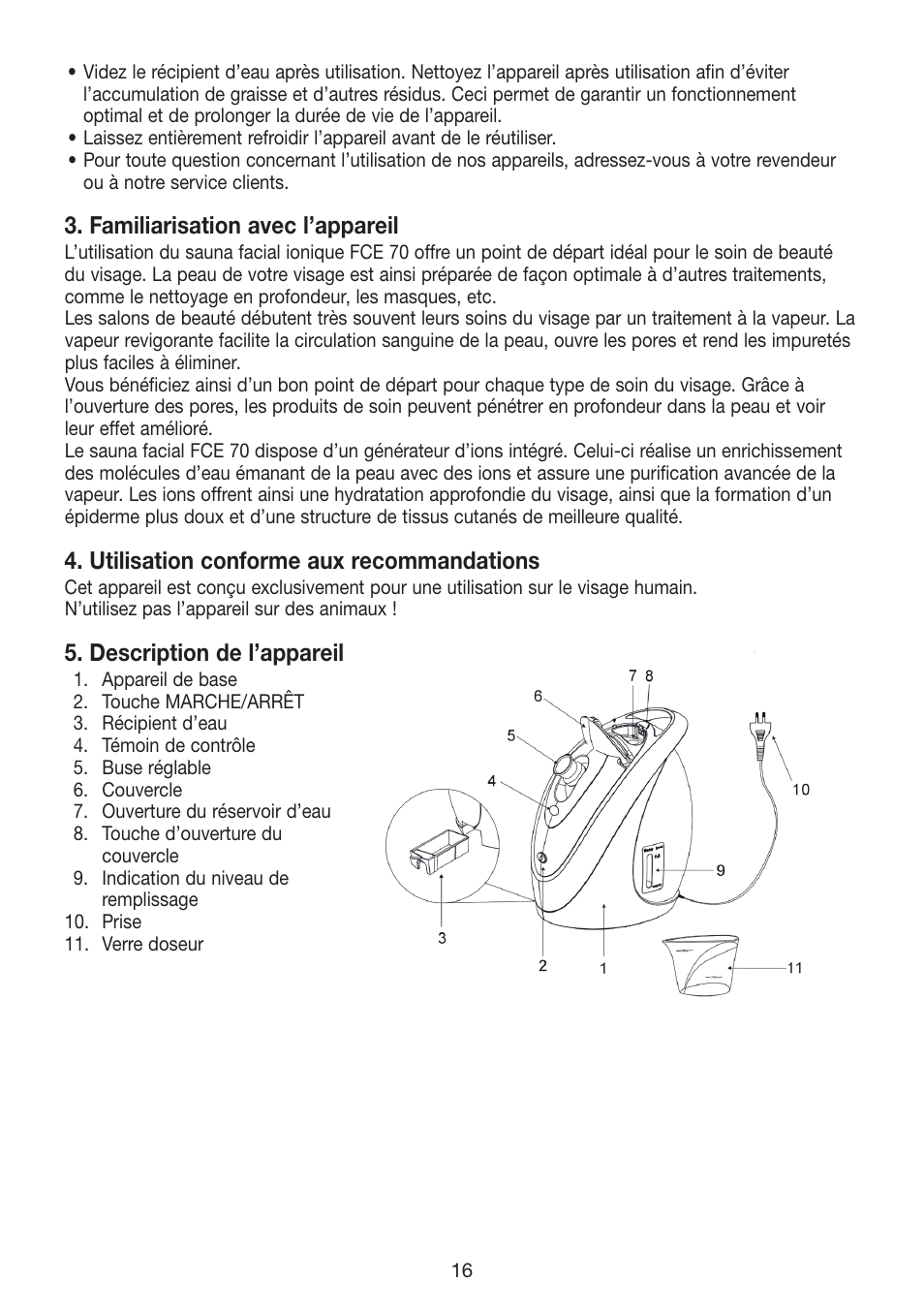 Familiarisation avec l’appareil, Utilisation conforme aux recommandations, Description de l’appareil | Beurer FCE 70 User Manual | Page 16 / 68