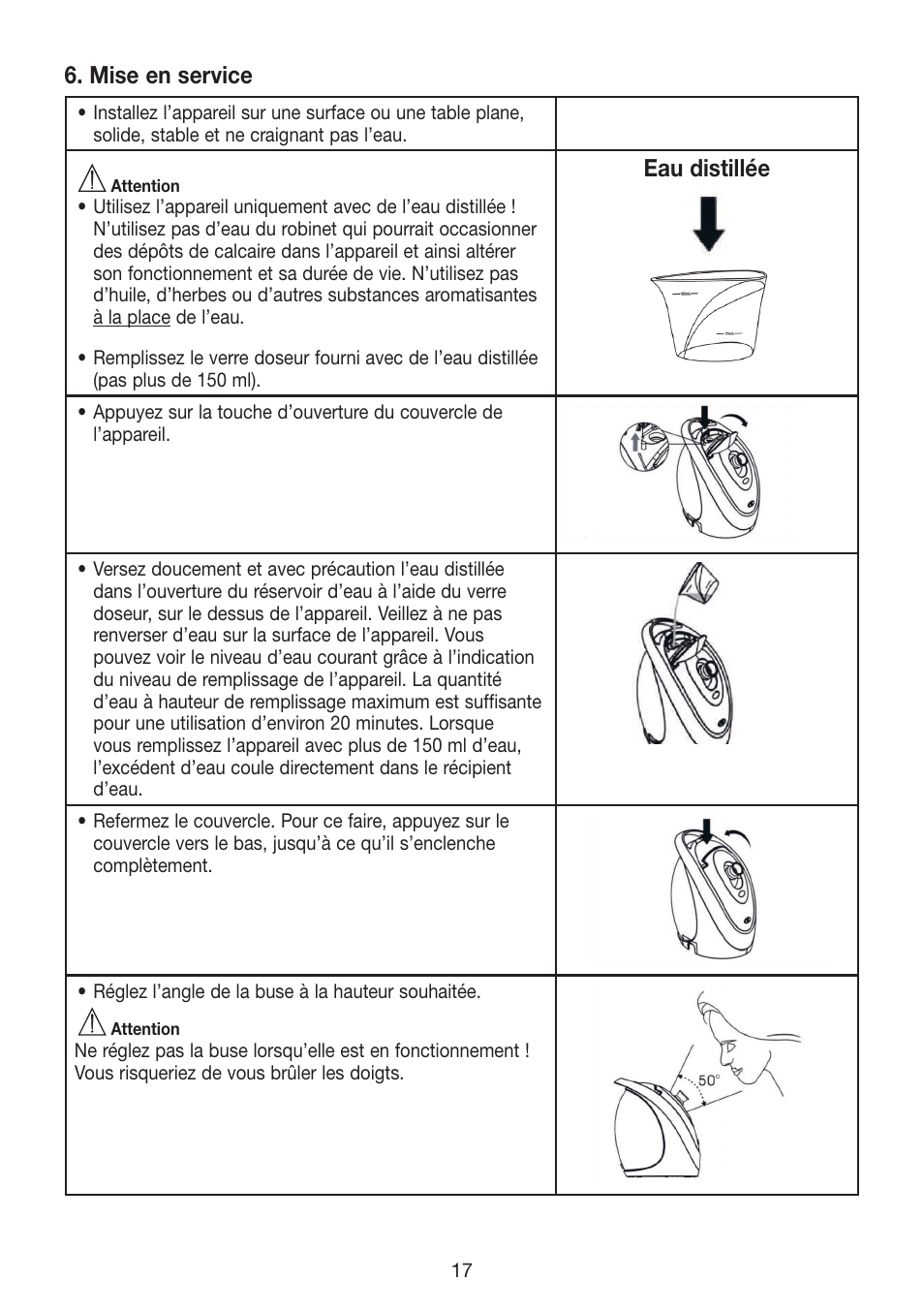 Mise en service, Eau distillée | Beurer FCE 70 User Manual | Page 17 / 68