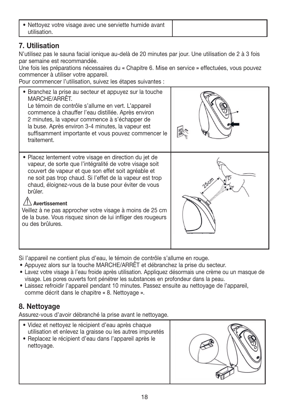 Utilisation, Nettoyage | Beurer FCE 70 User Manual | Page 18 / 68