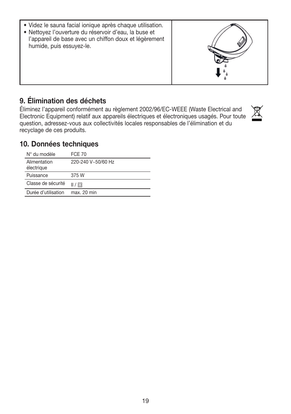 Élimination des déchets, Données techniques | Beurer FCE 70 User Manual | Page 19 / 68